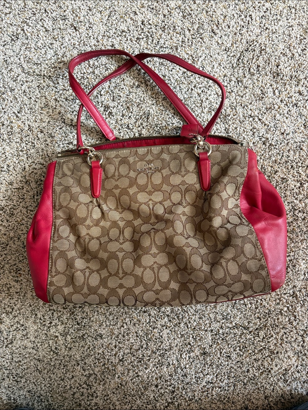 Coach Brown Signature Canvas Tote with Red Leather Trim